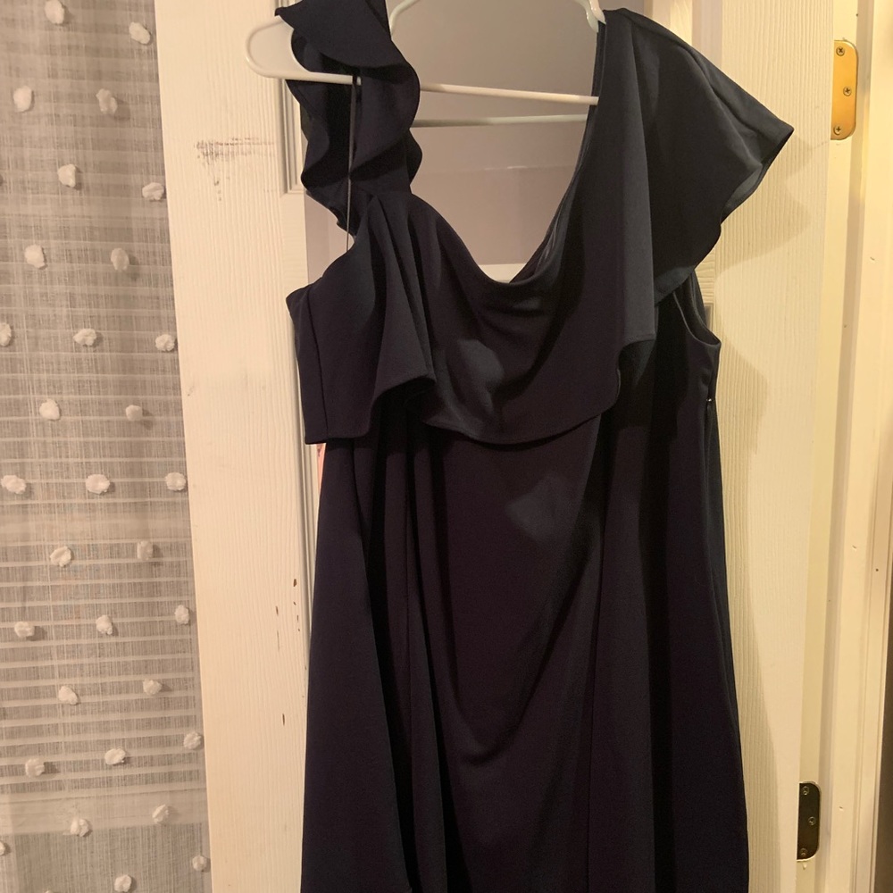 Navy blue asymmetrical/off the shoulder fit and flare dress